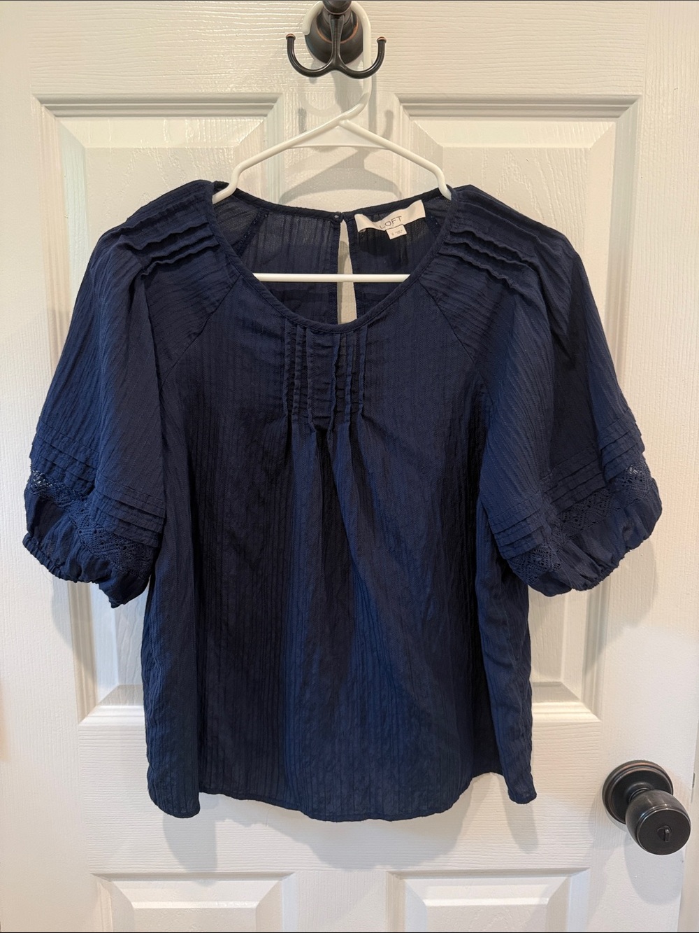 LOFT Navy Pintuck Peasant Blouse with Short Sleeves